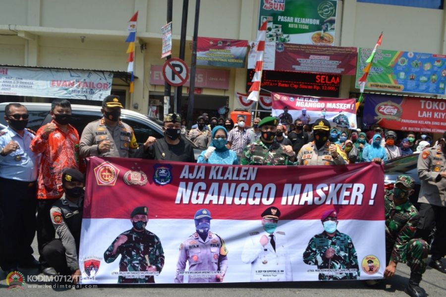 Sasar Pasar Kejambon, Forkopimda Kota Tegal Melaksanakan Sosialisasi Dan Bagi2 Masker Kepada Masy